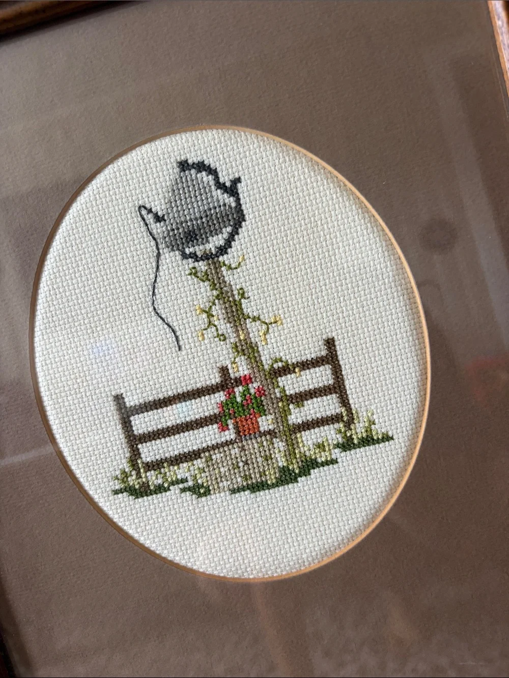 Vintage Triple Oval Cross-Stitch Wall Art in Brown Frame